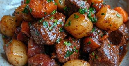 Plat de paleron de bœuf mijoté servi avec pommes de terre fondantes, carottes, petits oignons et sauce brune brillante, parsemé de persil frais.