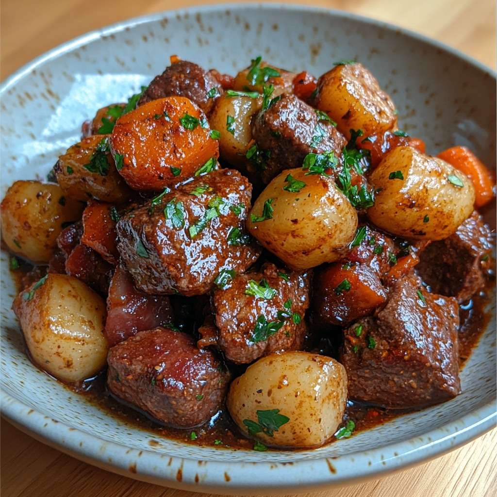 Plat de paleron de bœuf mijoté servi avec pommes de terre fondantes, carottes, petits oignons et sauce brune brillante, parsemé de persil frais.