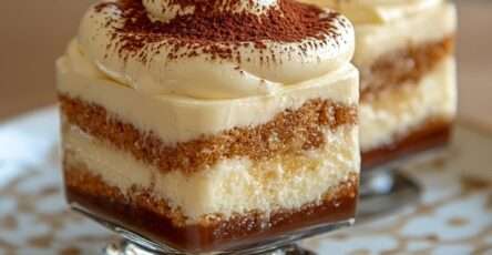 Verrines de tiramisu avec couches de crème mascarpone onctueuse, biscuits imbibés de café et cacao saupoudré sur le dessus.