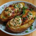 Pommes de terre au four coupées en deux, garnies d’une crème fromagère fondante avec ciboulette fraîche et fromage gratiné doré sur le dessus.