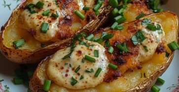 Pommes de terre au four coupées en deux, garnies d’une crème fromagère fondante avec ciboulette fraîche et fromage gratiné doré sur le dessus.