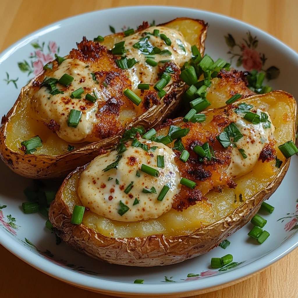 Pommes de terre au four coupées en deux, garnies d’une crème fromagère fondante avec ciboulette fraîche et fromage gratiné doré sur le dessus.