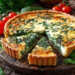 Quiche épinards et fromage dorée au four, avec garniture crémeuse, pâte croustillante et tomates cerises en accompagnement.