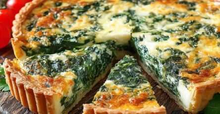 Quiche épinards et fromage dorée au four, avec garniture crémeuse, pâte croustillante et tomates cerises en accompagnement.