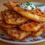 Gaufres de pommes de terre dorées et croustillantes servies avec crème fraîche à la ciboulette et persil frais sur le dessus.