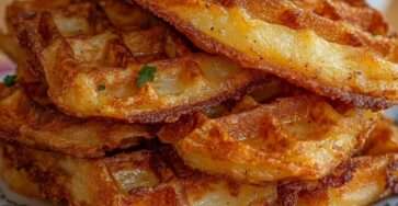 Gaufres de pommes de terre dorées et croustillantes servies avec crème fraîche à la ciboulette et persil frais sur le dessus.