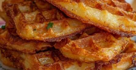 Gaufres de pommes de terre dorées et croustillantes servies avec crème fraîche à la ciboulette et persil frais sur le dessus.