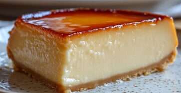 Flan caramel maison démoulé, texture lisse et brillante avec caramel doré nappant le dessus, servi en parts sur une assiette.