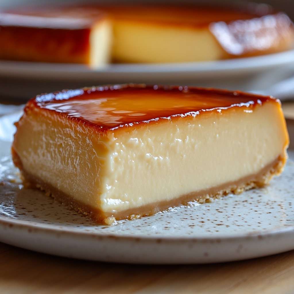 Flan caramel maison démoulé, texture lisse et brillante avec caramel doré nappant le dessus, servi en parts sur une assiette.