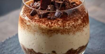 Verrines de crème café mascarpone façon cappuccino avec couche biscuit imbibée, mousse légère et cacao saupoudré sur le dessus.