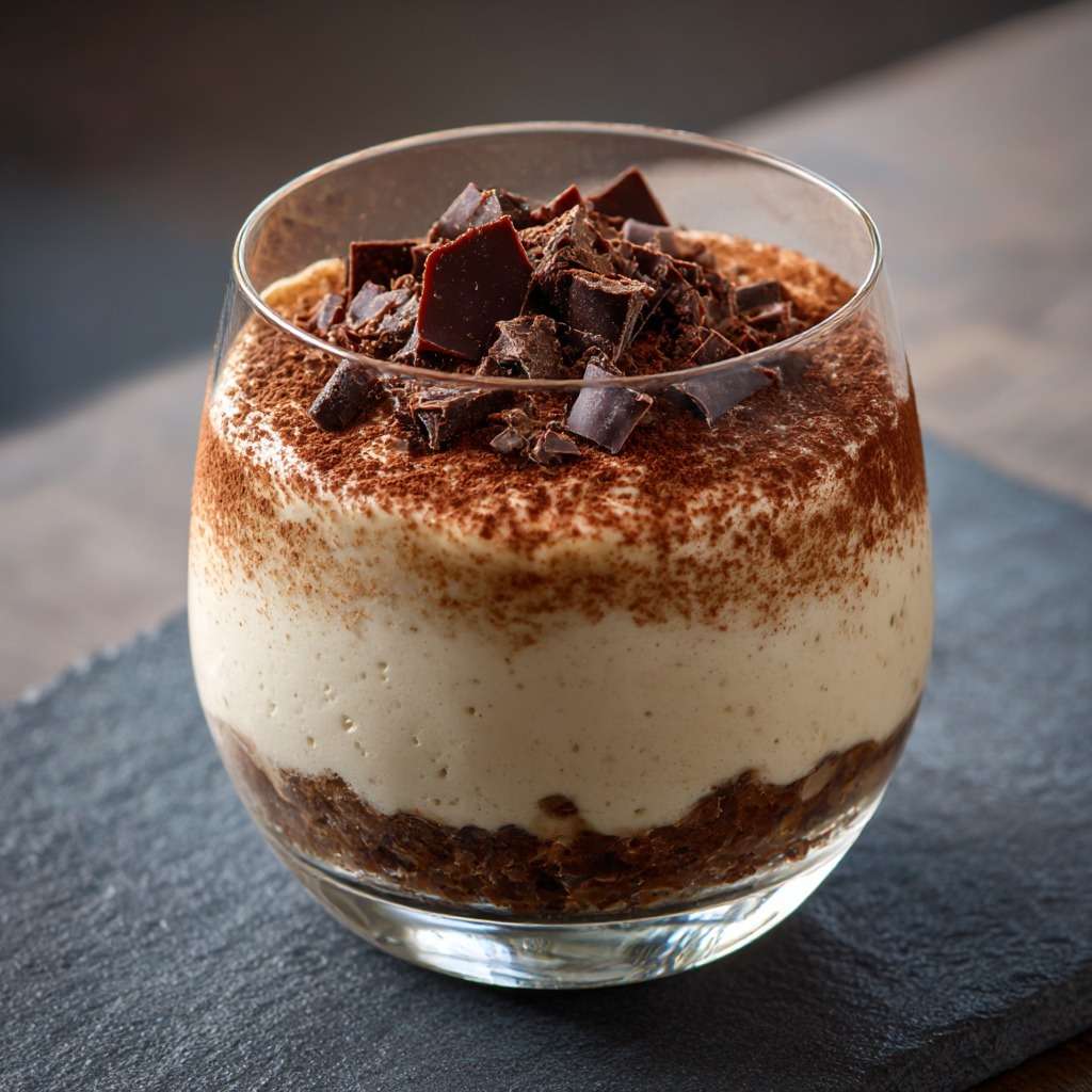 Verrines de crème café mascarpone façon cappuccino avec couche biscuit imbibée, mousse légère et cacao saupoudré sur le dessus.