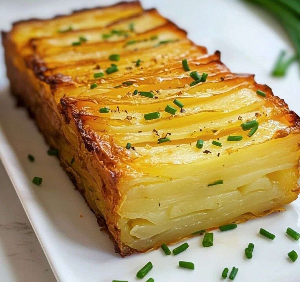 Gâteau invisible salé aux fines lamelles de pommes de terre et comté gratiné, servi en tranches, avec une texture fondante et une finition à la ciboulette fraîche.