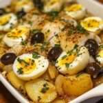 Plat de bacalhau à la portugaise avec morue émiettée, rondelles de pommes de terre dorées, œufs durs, olives noires et persil frais dans un plat familial.