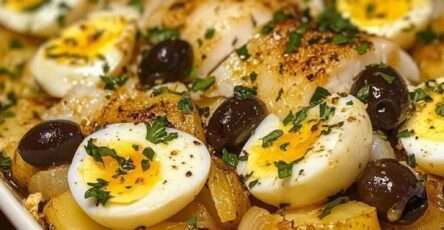 Plat de bacalhau à la portugaise avec morue émiettée, rondelles de pommes de terre dorées, œufs durs, olives noires et persil frais dans un plat familial.