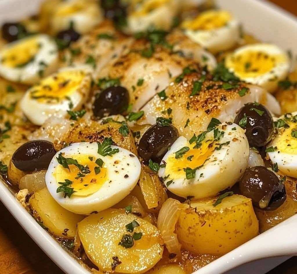 Plat de bacalhau à la portugaise avec morue émiettée, rondelles de pommes de terre dorées, œufs durs, olives noires et persil frais dans un plat familial.