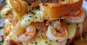 Croque-monsieur aux crevettes avec pain doré croustillant, fromage fondu filant et garniture crémeuse aux crevettes et persil frais.