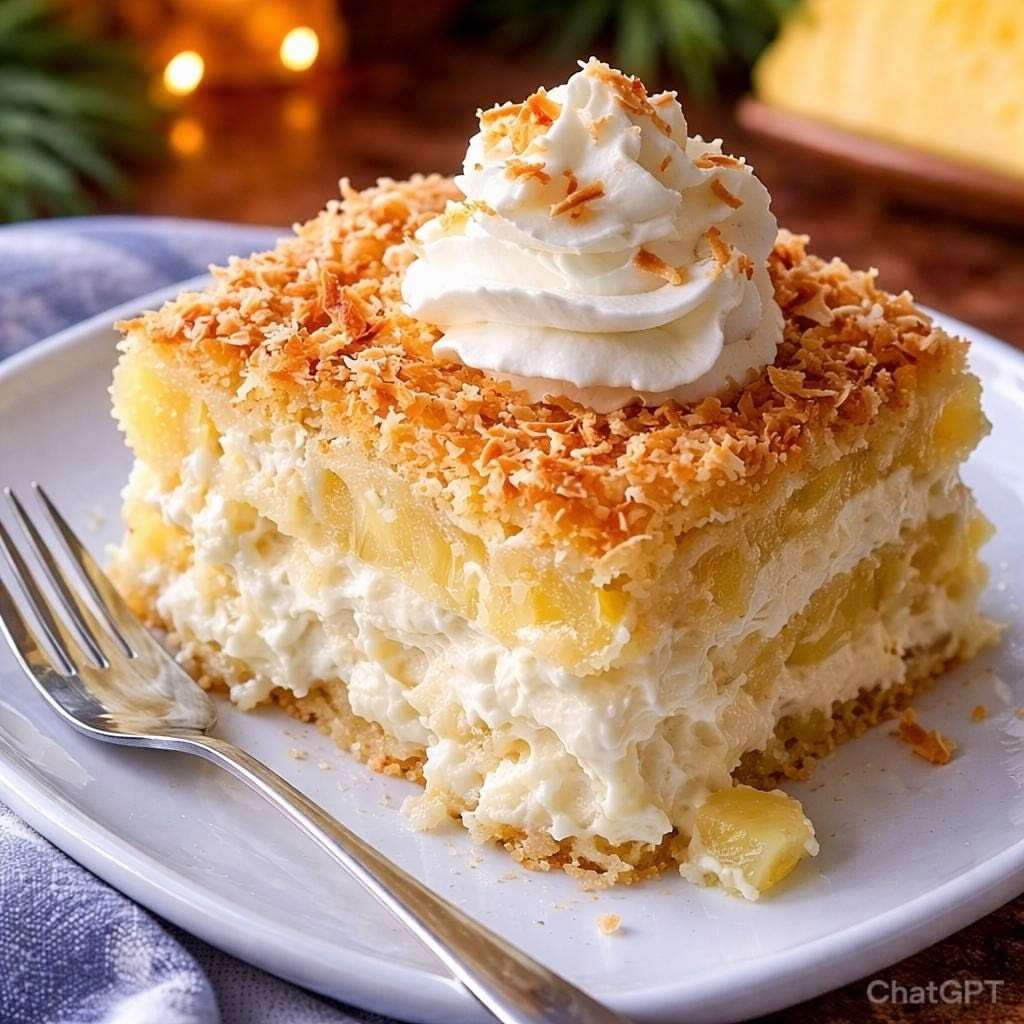 Gâteau ananas coco crémeux avec base moelleuse, crème mascarpone onctueuse, morceaux d’ananas et noix de coco râpée dorée sur le dessus.