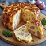 Moelleux salé à la moutarde avec jambon et fromage fondu, texture aérienne et dorée, servi en tranches avec herbes fraîches.