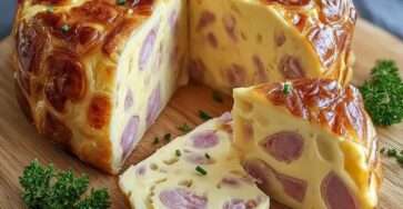 Moelleux salé à la moutarde avec jambon et fromage fondu, texture aérienne et dorée, servi en tranches avec herbes fraîches.