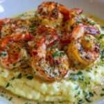 Crevettes crémeuses à l’ail et beurre servies sur une purée de pommes de terre lisse, nappées de sauce onctueuse et garnies de persil frais.