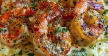 Crevettes crémeuses à l’ail et beurre servies sur une purée de pommes de terre lisse, nappées de sauce onctueuse et garnies de persil frais.