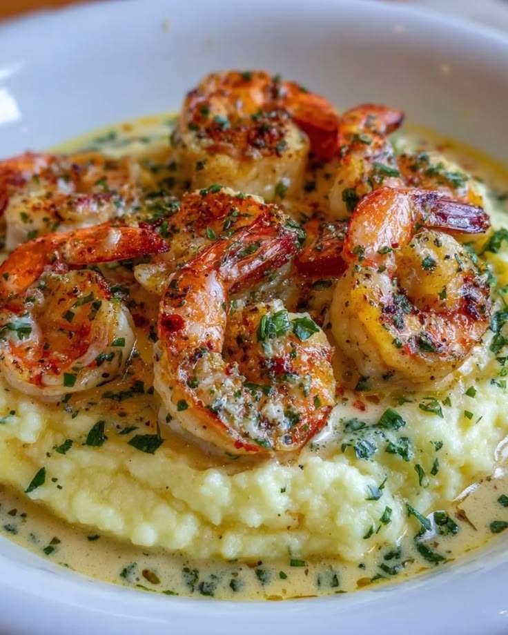 Crevettes crémeuses à l’ail et beurre servies sur une purée de pommes de terre lisse, nappées de sauce onctueuse et garnies de persil frais.