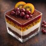 Verrines de panna cotta vanille onctueuse avec coulis de fruits rouges brillant et morceaux de fruits frais en décoration.