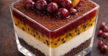 Verrines de panna cotta vanille onctueuse avec coulis de fruits rouges brillant et morceaux de fruits frais en décoration.