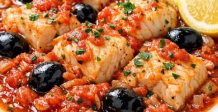 Ragoût de poisson provençal avec morceaux de poisson tendre dans une sauce tomate aux olives noires, herbes et persil frais.
