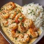 Assiette de crevettes dorées nappées d’une sauce crémeuse à l’ail, servies avec un riz blanc fondant et parsemées de persil frais.