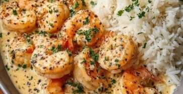 Assiette de crevettes dorées nappées d’une sauce crémeuse à l’ail, servies avec un riz blanc fondant et parsemées de persil frais.