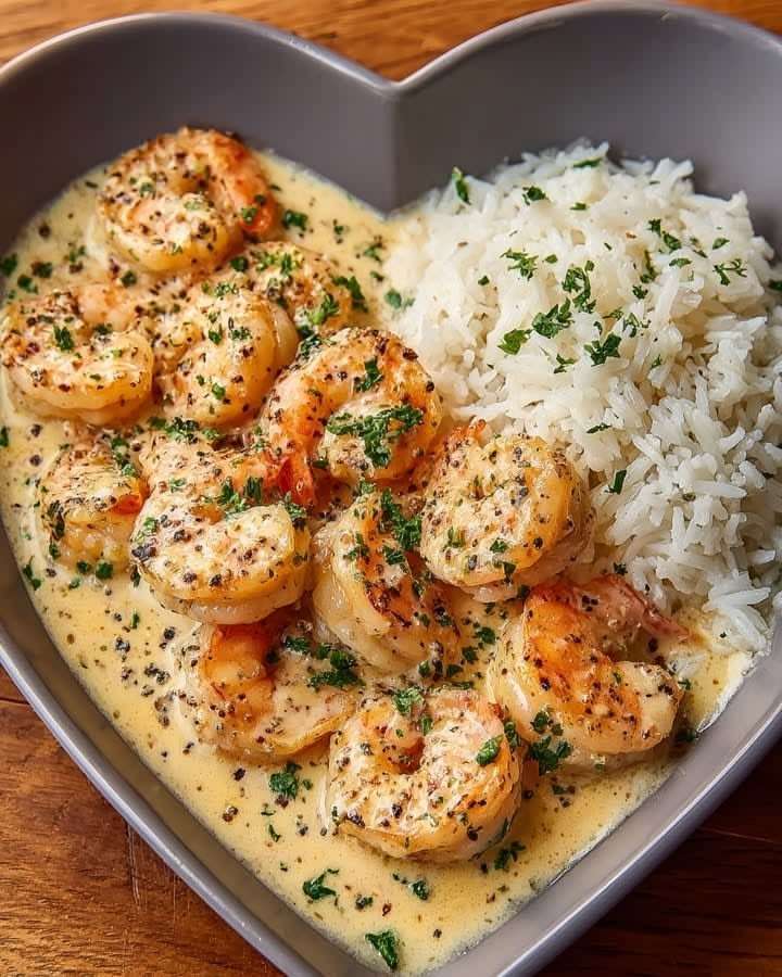 Assiette de crevettes dorées nappées d’une sauce crémeuse à l’ail, servies avec un riz blanc fondant et parsemées de persil frais.