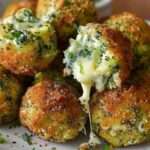 Bouchées de brocoli dorées et croustillantes au fromage, servies chaudes avec une texture fondante et filante à l’intérieur, accompagnées d’une sauce.