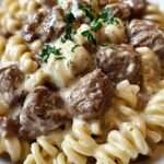 Assiette de pâtes rotini au bœuf enrobées d’une sauce crémeuse au parmesan avec morceaux de bœuf dorés, garnies de persil frais et servies chaudes.