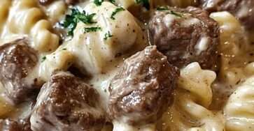 Assiette de pâtes rotini au bœuf enrobées d’une sauce crémeuse au parmesan avec morceaux de bœuf dorés, garnies de persil frais et servies chaudes.