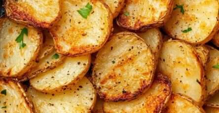 Rondelles de pommes de terre croustillantes à l’air fryer, dorées avec paprika et persil frais, servies chaudes dans une assiette.