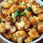 Fleurettes de chou-fleur rôties au four, dorées et croustillantes, assaisonnées au paprika et aux épices, garnies d’herbes fraîches.