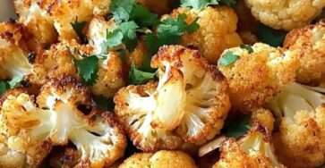 Fleurettes de chou-fleur rôties au four, dorées et croustillantes, assaisonnées au paprika et aux épices, garnies d’herbes fraîches.