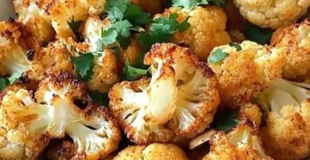 Fleurettes de chou-fleur rôties au four, dorées et croustillantes, assaisonnées au paprika et aux épices, garnies d’herbes fraîches.