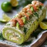 Bûche salée roulée garnie de crevettes, avocat et fromage frais, décorée avec des herbes et des tranches d’avocat sur un plat de service élégant.