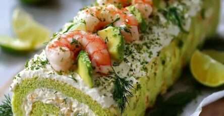 Bûche salée roulée garnie de crevettes, avocat et fromage frais, décorée avec des herbes et des tranches d’avocat sur un plat de service élégant.