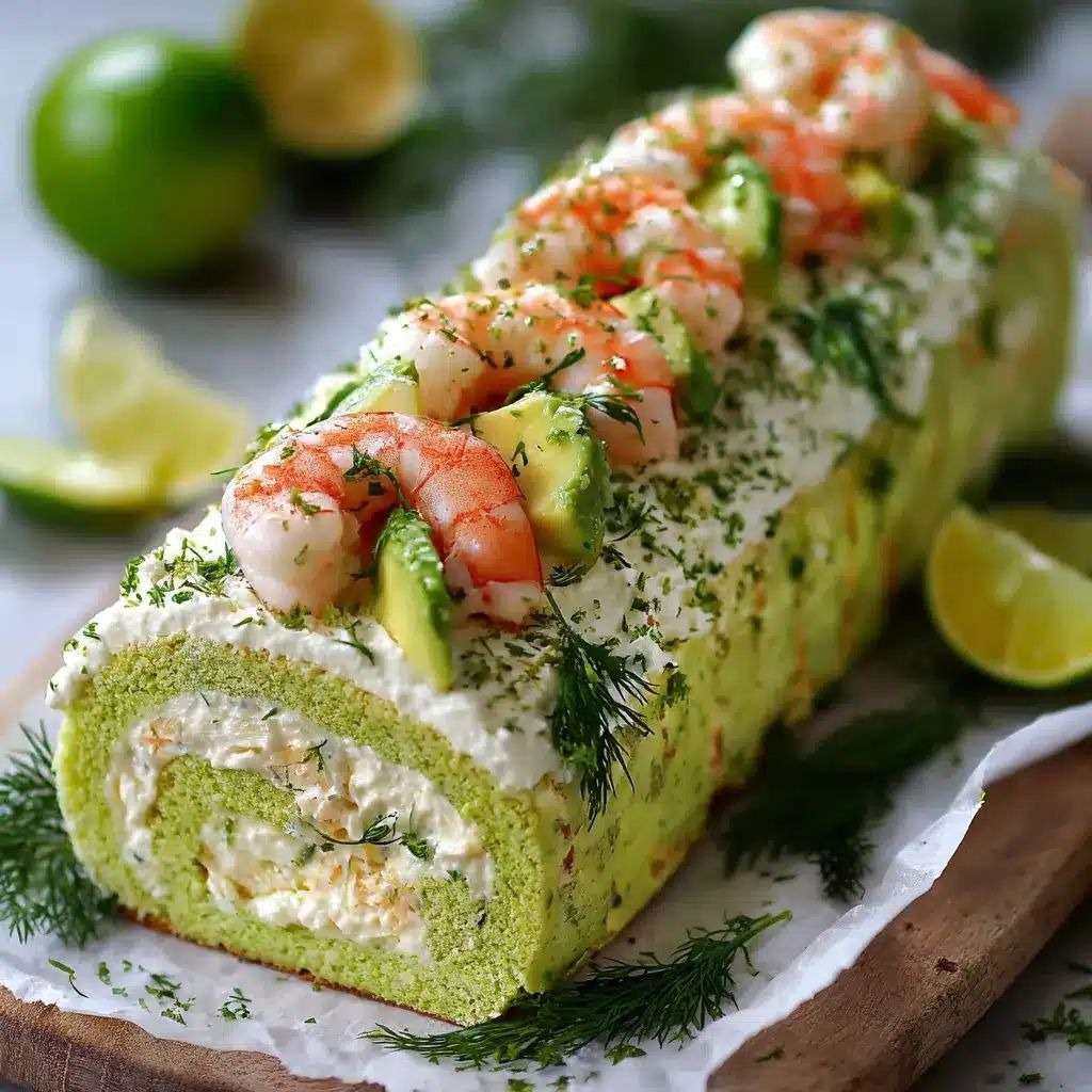 Bûche salée roulée garnie de crevettes, avocat et fromage frais, décorée avec des herbes et des tranches d’avocat sur un plat de service élégant.