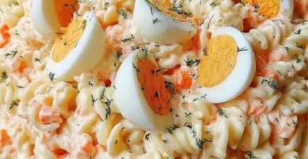 Grand saladier de salade de pâtes au surimi avec œufs durs, carottes, maïs, herbes fraîches et sauce crémeuse citronnée