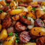 Poêle de pommes de terre sautées dorées avec rondelles de saucisse fumée, oignons caramélisés et persil frais