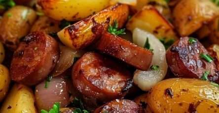 Poêle de pommes de terre sautées dorées avec rondelles de saucisse fumée, oignons caramélisés et persil frais