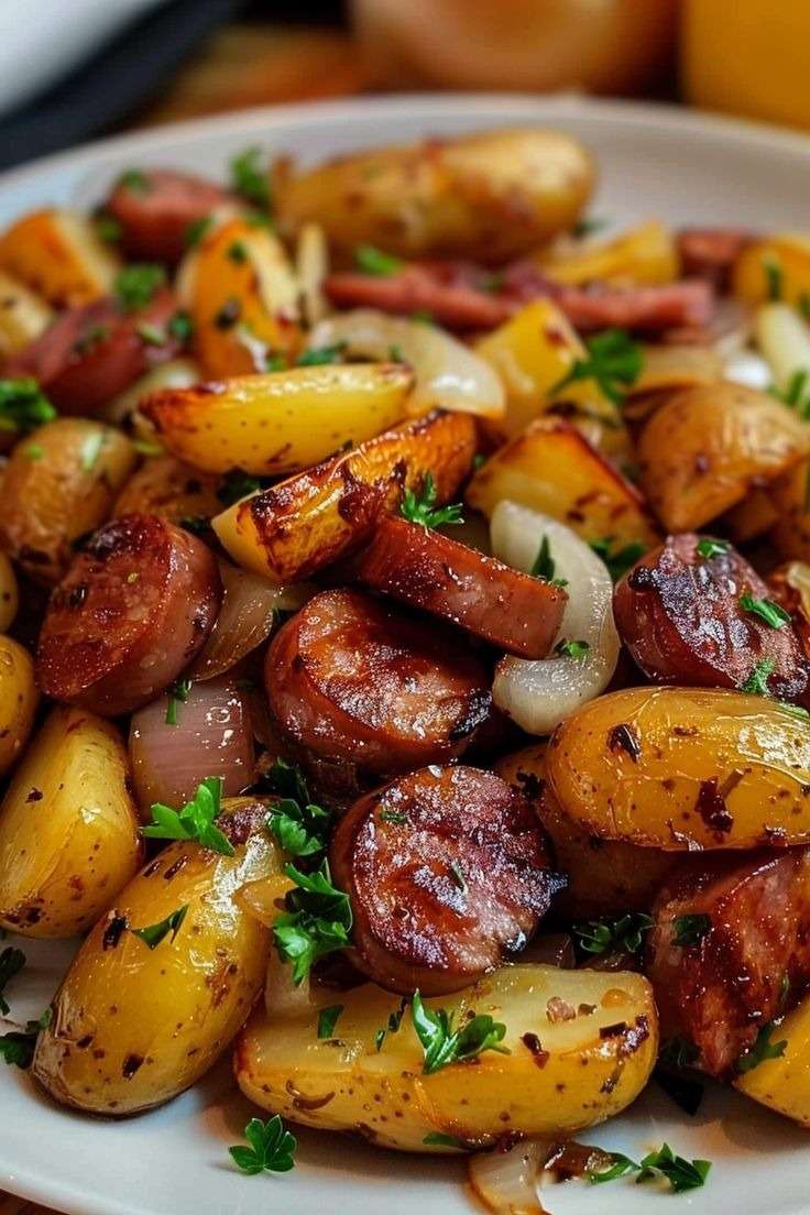 Poêle de pommes de terre sautées dorées avec rondelles de saucisse fumée, oignons caramélisés et persil frais