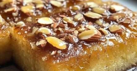 Gâteau moelleux aux amandes imbibé de miel, doré et décoré d’amandes croquantes sur le dessus, servi en part sur une assiette
