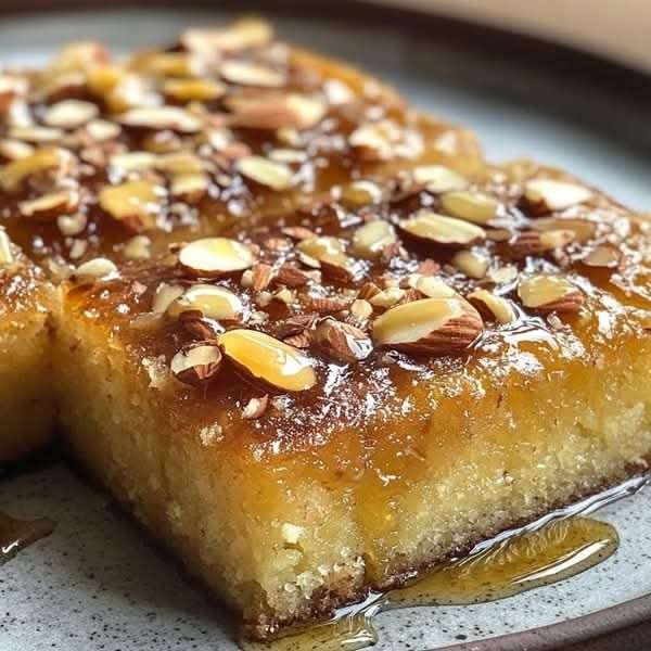 Gâteau moelleux aux amandes imbibé de miel, doré et décoré d’amandes croquantes sur le dessus, servi en part sur une assiette