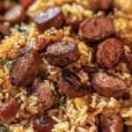 Poêle de riz sauté avec rondelles de saucisse fumée, poivrons colorés, oignons fondants et herbes fraîches