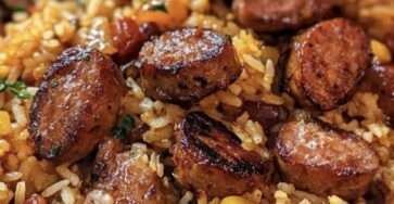 Poêle de riz sauté avec rondelles de saucisse fumée, poivrons colorés, oignons fondants et herbes fraîches